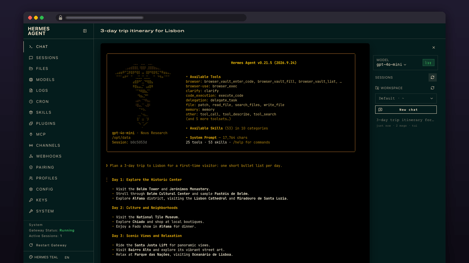 Hermes Agent dashboard: a chat answered through OpenRouter, with the agent's tools, skills and gateway status