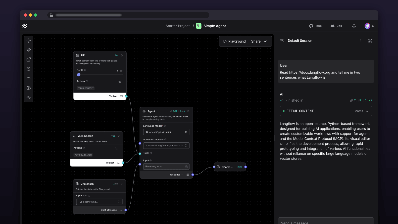 Langflow canvas with the Simple Agent flow (URL and web-search tools feeding an agent) and the Playground showing its answer