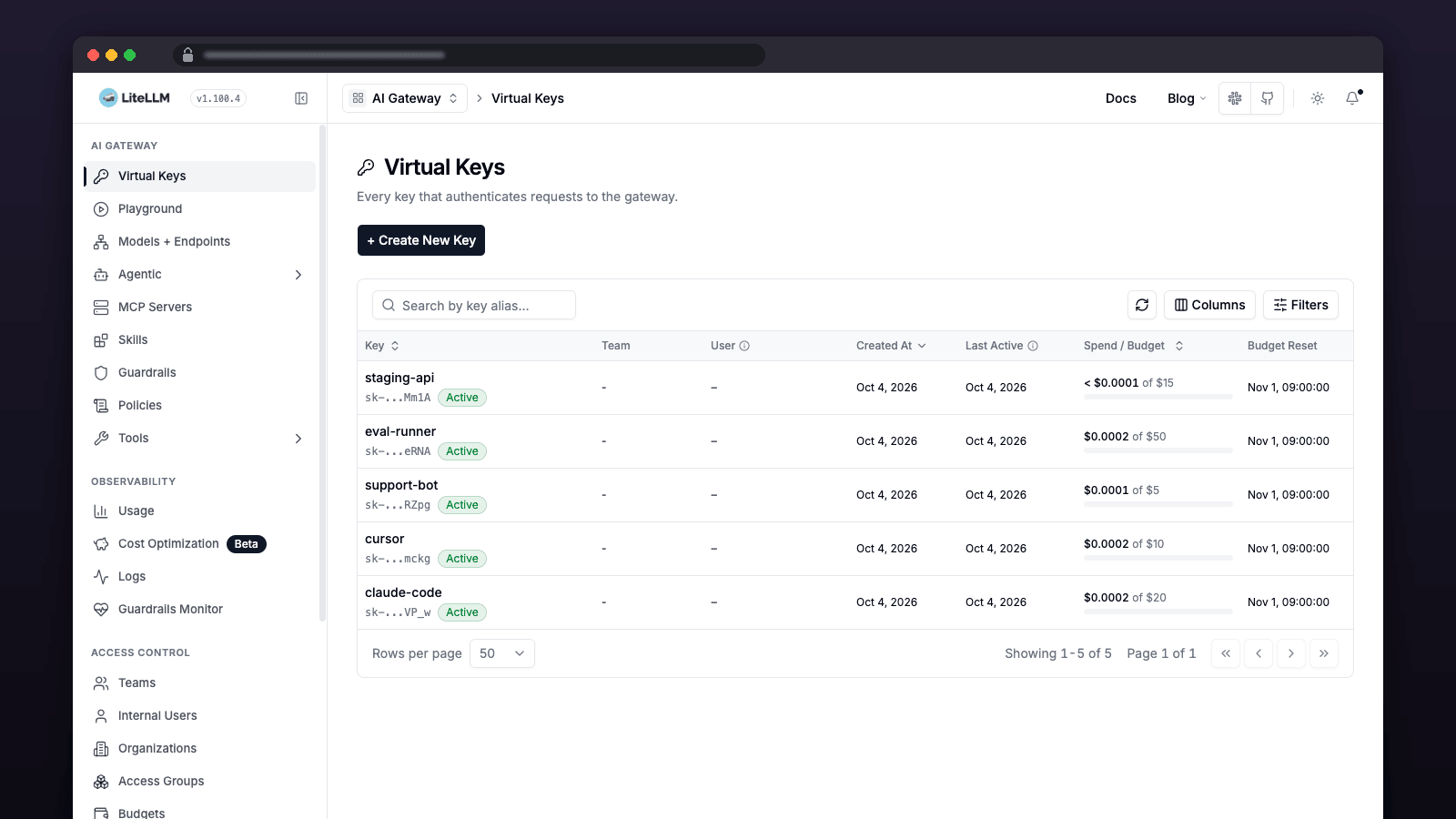 LiteLLM Admin UI: virtual keys for Claude Code, Cursor and three apps, each with its own spend and monthly budget