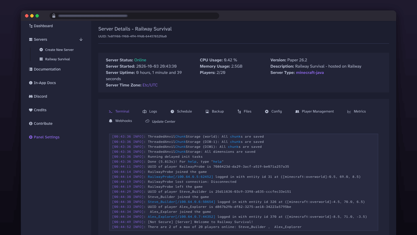 Crafty Controller in the browser: a Paper server online with two players, and the live console showing them join