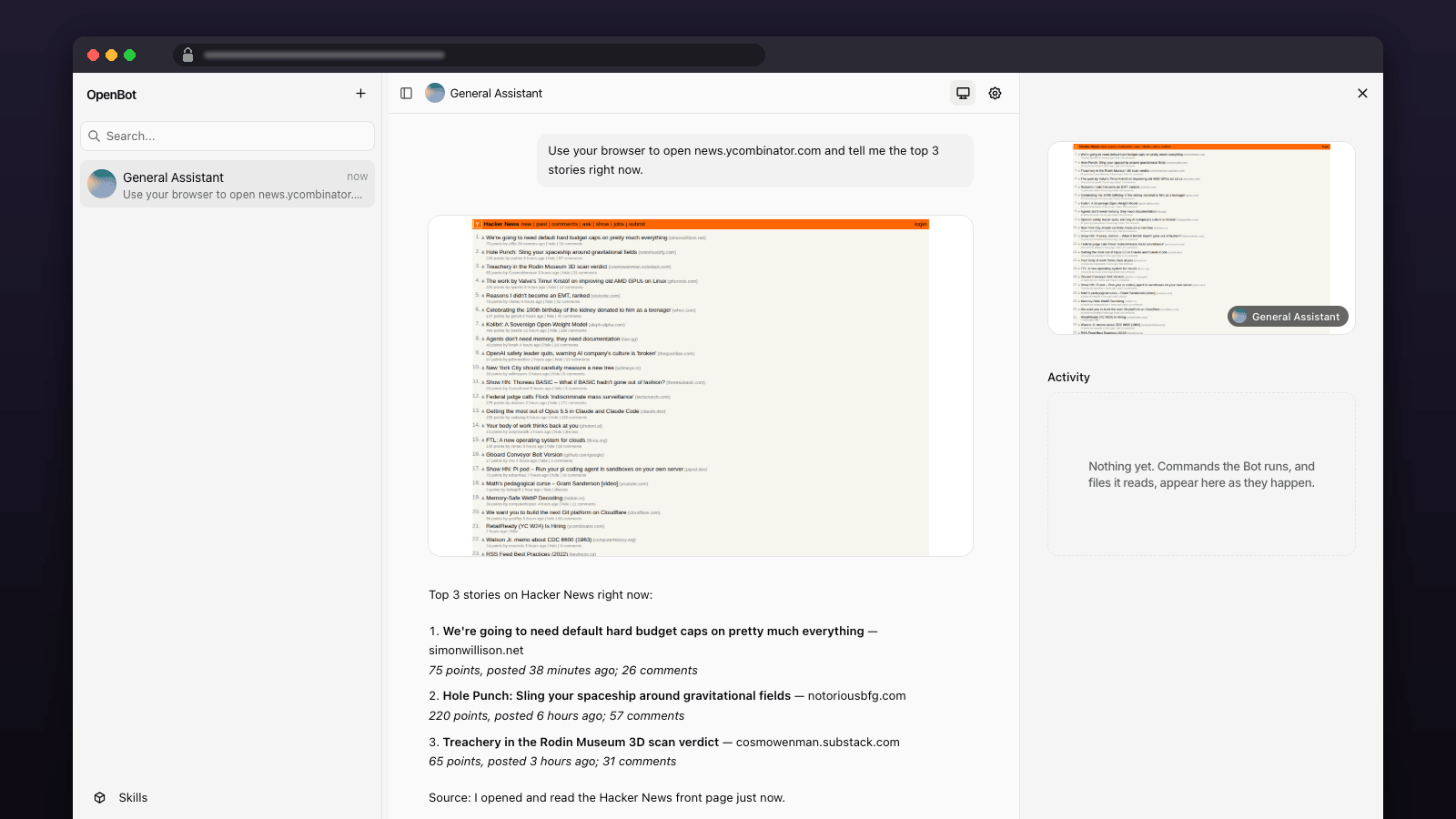 OpenBot's General Assistant reading Hacker News in its own browser and reporting the top stories in chat