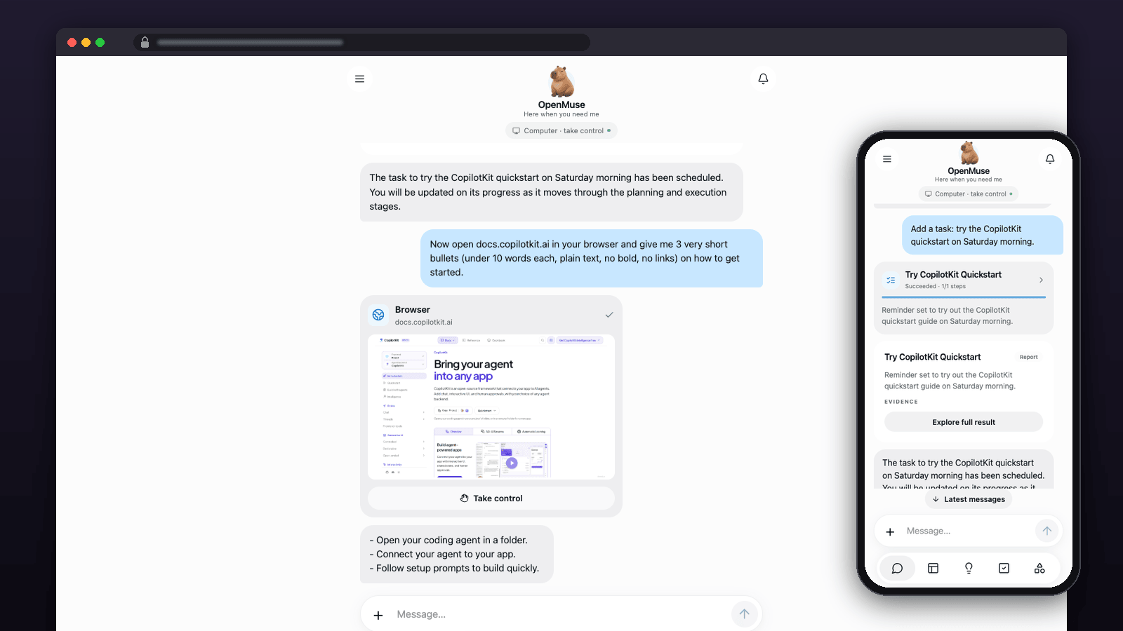 OpenMuse on desktop and phone: its browser reads the CopilotKit docs and answers in chat, next to a task it created