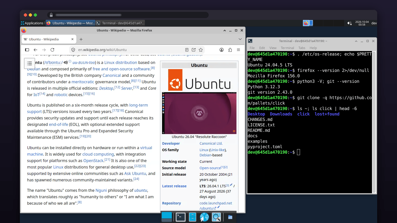 Ubuntu 24.04 XFCE desktop in a browser tab: Firefox on Wikipedia beside a terminal, with the dock and top panel