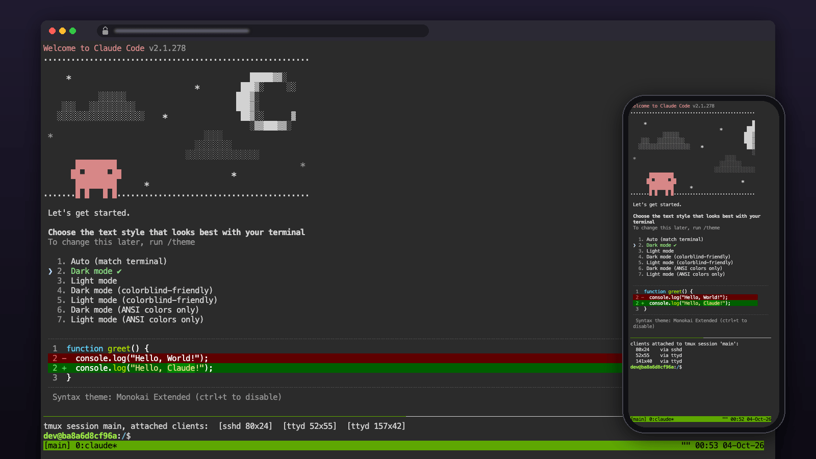 Claude Code starting in tmux on the Dev Box, with the same session attached over SSH and in the browser terminal on desktop and phone