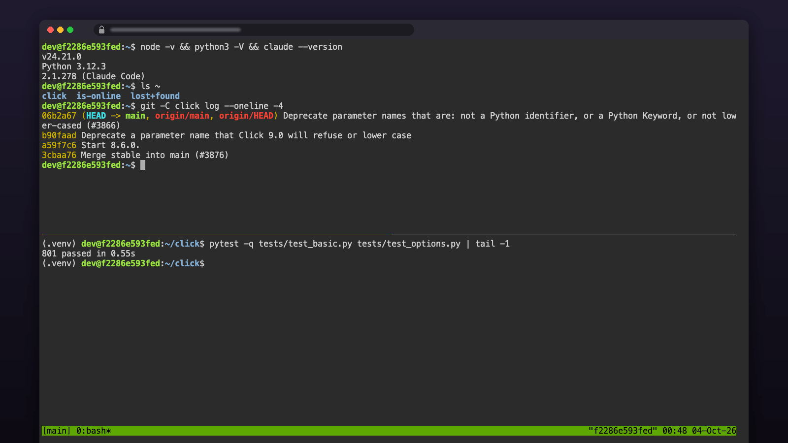 Ubuntu Web Terminal in a browser tab: tmux with Node 24, Python 3.12 and Claude Code, two cloned repos and a passing test run